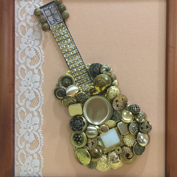 GUITAR Button Artwork on canvas, wall art, framed